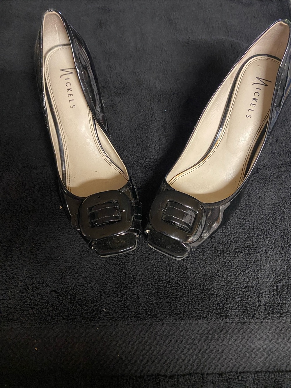 Nickels Black Patent Peep-Toe Heels with Buckle Accent